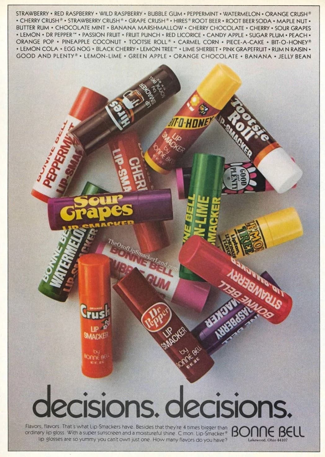 1980's chapstick - Strawberry Red Raspberry Wild Raspberry Bubble Gum Peppermint Watermelon Orange Crush Cherry Crush Strawberry Crush Grape Crush Hires Root Beer Root Beer Soda Maple Nut Butter Rum Chocolate Mint Banana Marshmallow Cherry Chocolate Cherr